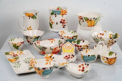 Bộ bát đĩa bí ngô vẽ tay xuất Âu