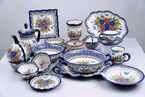 Bộ bát đĩa hoa pansy  vẽ tay xuất Âu