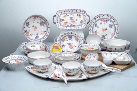 Bộ bát đĩa hoa tím hồng