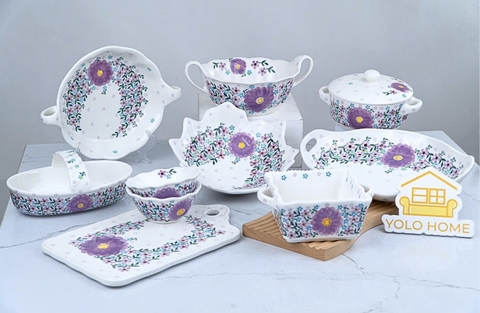 Bộ bát đĩa hoa tím châu Âu vẽ tay xuất Âu