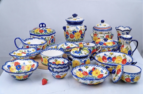 Bộ bát đĩa họa tiết vườn hoa Ba Lan vẽ tay xuất Âu