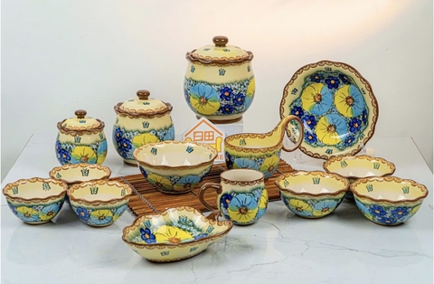 Bộ bát đĩa hoa màu lông vũ công vẽ tay xuất Âu