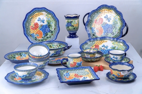 Bộ bát đĩa chuồn chuồn xanh vẽ tay xuất Âu