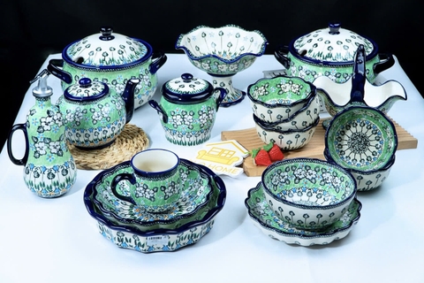 Bộ bát đĩa Hoa nhài trắng nền bạc hà vẽ tay xuất Âu