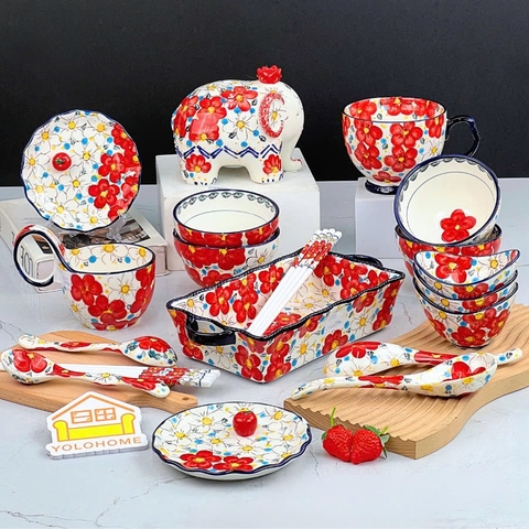 Bộ bát đĩa hoa đào đỏ vẽ tay xuất Âu