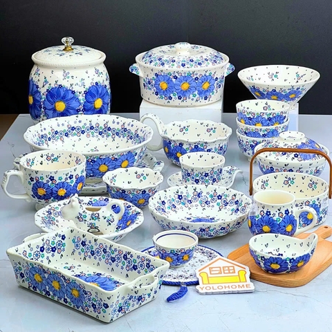 Bộ bát đĩa lưu ly xanh dương vẽ tay xuất Âu