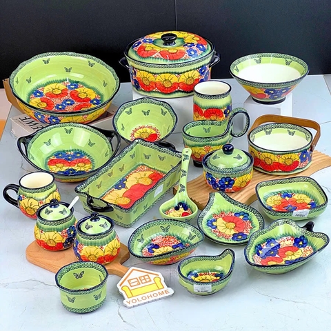 Bộ bát đĩa dạ yến xanh mint vẽ tay xuất Âu