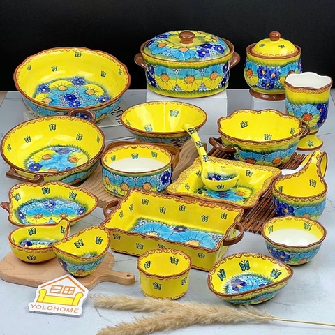 Bộ bát đĩa dạ yến vàng mix xanh dương vẽ tay xuất Âu