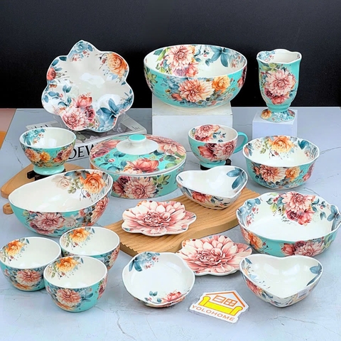 Bộ bát đĩa thược dược vẽ tay xuất Âu