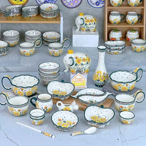 Bộ bát đĩa hướng dương viền liễu xanh xuất Âu