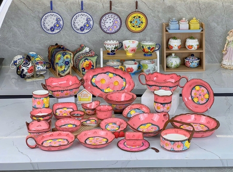 Bộ bát đĩa anh đào hồng vẽ tay xuất Âu