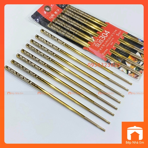 Đũa Inox 304 Hàn Quốc Mạ Vàng Set 5 Đôi - Hàng Cao Cấp