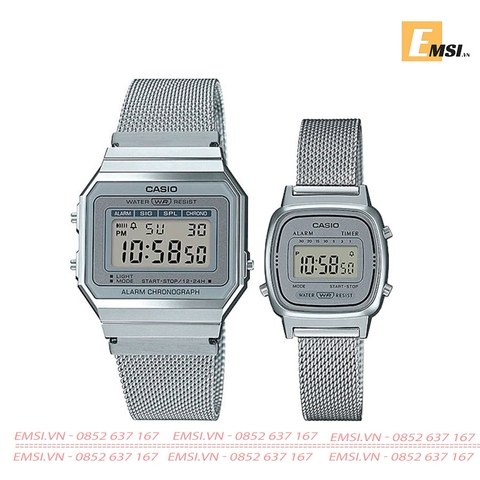 Đồng Hồ Casio Cặp Đôi A700WM-7ADF & LA670WEM-7DF Dây Kim Loại Dạng Lưới - Mặt Vuông Điện Tử - Chống Nước
