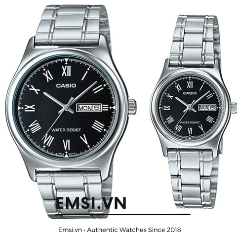 Đồng Hồ Casio Cặp Đôi MTP-V006D-1B & LTP-V006D-1B Dây Kim Loại, Size mặt Nam 38mm & 25mm EMSI.VN