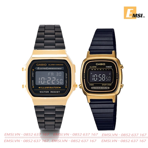 CASIO DIGITAL UNISEX cặp (A168WEGB-1BDF - LA670WEGB-1BDF) QUARTZ (PIN) dây kim loại - Chính Hãng