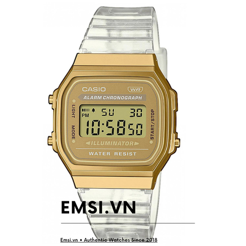 A168XESG-9A | Nam - Nữ Trẻ Trung | Đồng Hồ | CASIO | Dây Nhựa Trong | Mặt Vuông Cổ Điển | Chống Nước