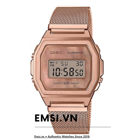 Đồng Hồ Casio Điện Tử Cổ Điển A1000MPG-9EF Dây Kim Loại Mạ Vàng Hồng Dạng Lưới - Viền Mặt Khảm Xà Cừ