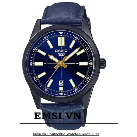 MTP-VD02BL-2E | Đồng Hồ Casio | Nam | Dây Da Màu Xanh | Vỏ Mạ Ion Đen | Chống Nước