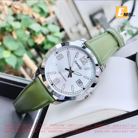 Đồng Hồ Casio Nam MTP-V004L-3BUDF Chống Nước - Dây Da Màu Xanh Rêu - Có Lịch Ngày