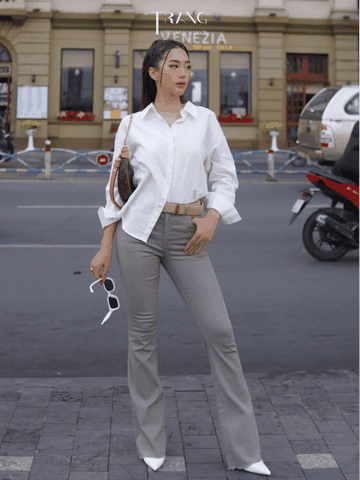 JAN HIGH WAIST GREY FLARE TROUSERS - QUẦN JEANS JAN XÁM ỐNG LOE LƯNG CAO CO GIÃN