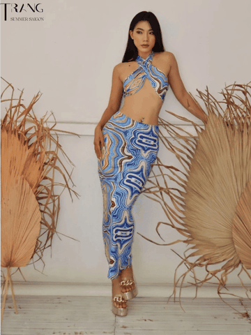 SET VÁY DÀI ÁO XOẮN CỔ