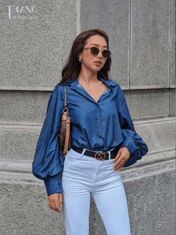 Elegance denim puff sleeve shirt - Áo somi denim tay phồng