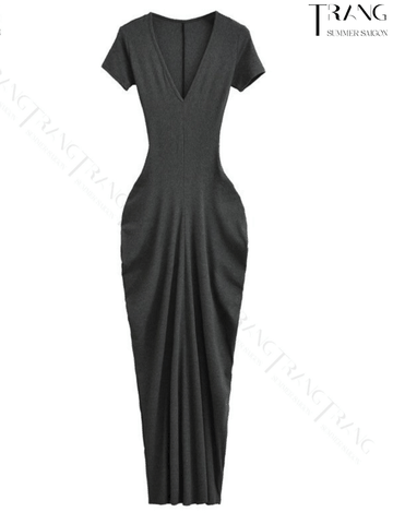 ĐẦM ÔM BODY DÁNG DÀI CỔ CHỮ V NHẤN EO