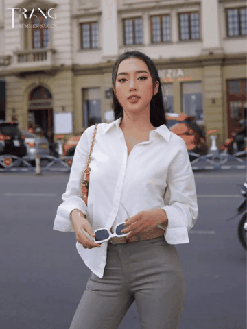 SET ÁO SƠ MI COTTON MONA + QUẦN JEANS ỐNG LOE XÁM