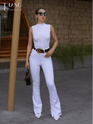 SET ÁO THUN TRẮNG KHÔNG TAY + QUẦN JEANS ỐNG LOE TRẮNG