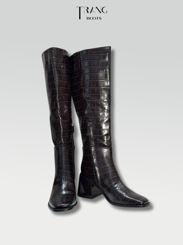 LEATHER KNEE BOOTS SAM ELDERMEN - KNEE BOOTS DA THẬT VÂN RẮN GÓT TRỤ MÀU NÂU