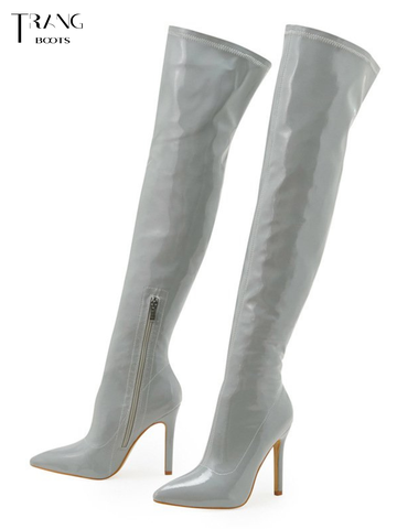 OVER KNEE BOOTS DA BÓNG MŨI NHỌN GÓT NHỌN TRẮNG