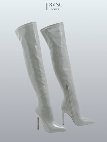 OVER KNEE BOOTS DA BÓNG MŨI NHỌN GÓT NHỌN TRẮNG