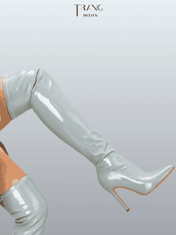 OVER KNEE BOOTS DA BÓNG MŨI NHỌN GÓT NHỌN TRẮNG