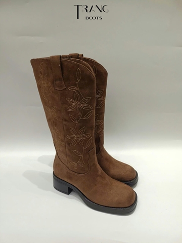 EMBROIDERED SUEDE KNEE-HIGH BOOTS LEFTIES - Boots Gối Da Lộn Nâu Thêu Hoa