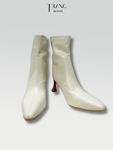ANKLE BOOTS GÓT NHỌN DA MỜ MÀU TRẮNG KEM