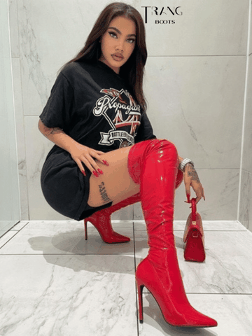 OVER KNEE BOOTS DA BÓNG MŨI NHỌN GÓT NHỌN ĐỎ