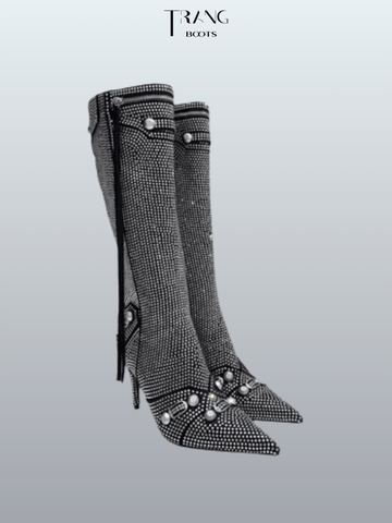 KNEE BOOTS MŨI NHỌN BLING ĐÍNH ĐÁ MÀU ĐEN