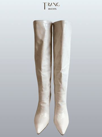 KNEE BOOTS MŨI NHỌN DA VÂN GÓT NHỌN