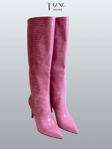 KNEE BOOTS MŨI NHỌN DA VÂN GÓT NHỌN