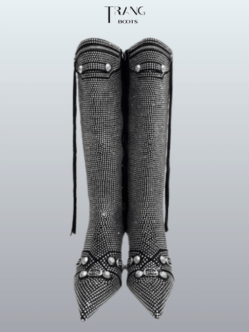 KNEE BOOTS MŨI NHỌN BLING ĐÍNH ĐÁ MÀU ĐEN