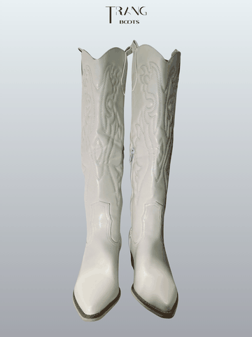 COWBOY KNEE BOOTS TRẮNG HỌA TIẾT NỔI