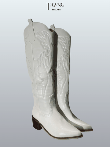 COWBOY KNEE BOOTS TRẮNG HỌA TIẾT NỔI
