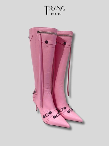 KNEE BOOTS MŨI NHỌN ĐÍNH ĐÁ CÁ TÍNH MÀU HỒNG