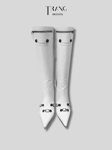 KNEE BOOTS MŨI NHỌN ĐÍNH ĐÁ CÁ TÍNH MÀU TRẮNG