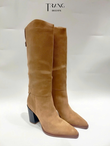 FRANCO SARTO JASME TALL BOOTS - CAMEL - KNEE BOOTS CỔ V DA LỘN DA THẬT