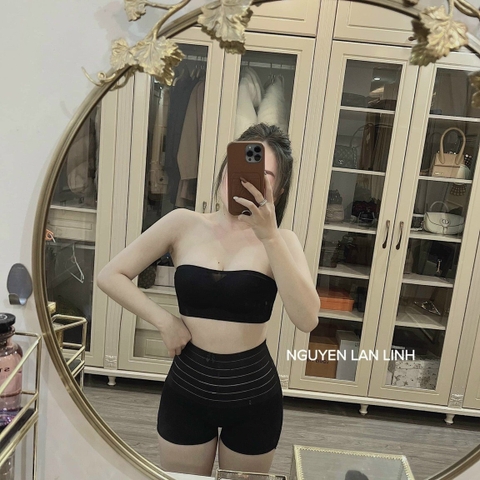 QUẦN GEN BỤNG DÁNG ĐÙI CẠP CAO KẺ NGANG