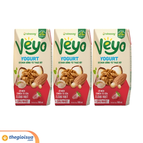 Sữa chua uống Veyo Yogurt vị dâu nhật 180ml - Lốc 3 hộp, thùng 10 lốc