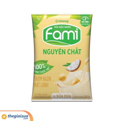 Sữa đậu nành Fami nguyên chất vị sữa dừa túi 200ml - thùng 40 túi