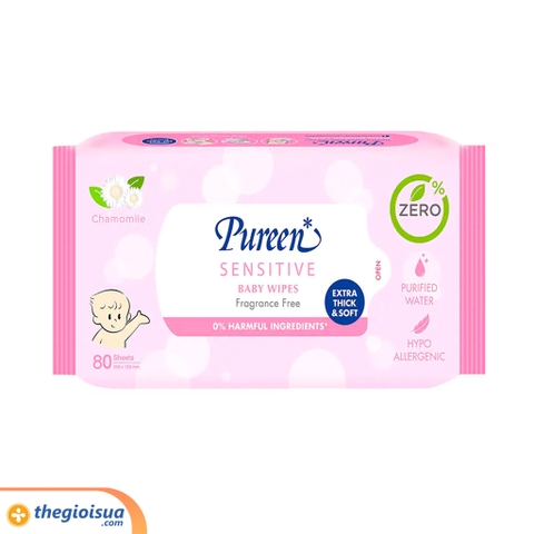Khăn ướt trẻ em Pureen có mùi màu hồng 80 tờ