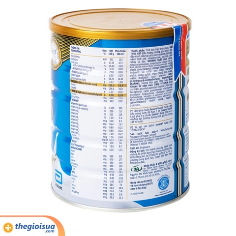 Abbott Ensure Gold ít ngọt Vanilla 800g ( Beta Glucan) mẫu mới